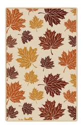 Machine washable rug with maple leaf pattern in fall colors.